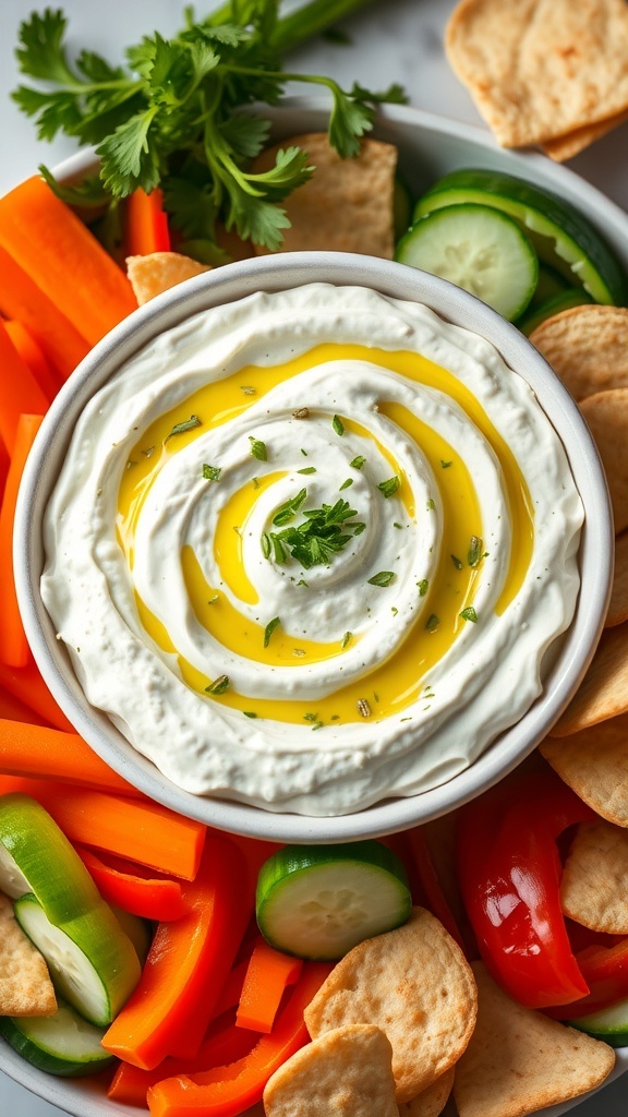 A bowl of creamy feta whipped dip with fresh herbs, served with colorful vegetables and pita chips.